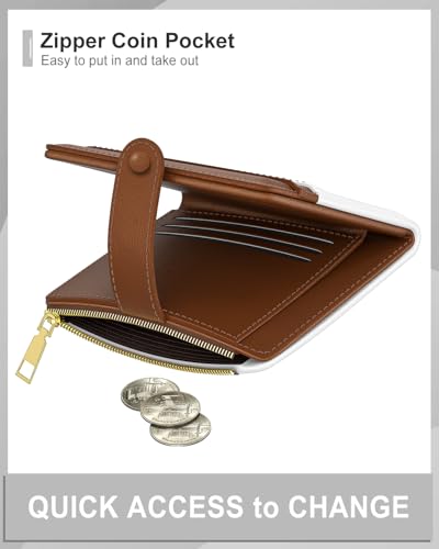 Womens Wallet, RFID Small Slim Wallets for Women, Compact Credit Card Holder, Cute Leather Bifold Ladies Purse with Zipper Coin Pocket and ID Window, White Brown 5