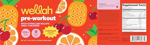 Image of Wellah Pre-Workout Drink Mix (Fruit Punch) 30 Servings | With Citrulline Malate and L-Theanine, 200mg of Natural Caffeine & 1000mg of Beta-Alanine