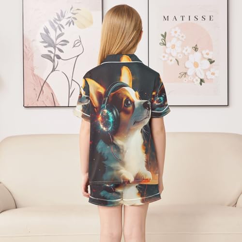 ALAZA Dog with Headphones Satin Pajamas Set Short Sleeve Button Down Sleepwear Summer Pjs 2 Piece4