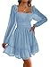 Imily Bela Damen Kleider Square Neck Partykleid Mesh Minikleid High Waist Falten Langarmkleid Hochzeitsgast mit Rüschen(Hellblau, L)