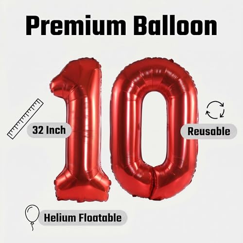 Image of Number 10 Balloon Foil Mylar Balloons for Birthday Party Decoration (Red, 32 Inch)