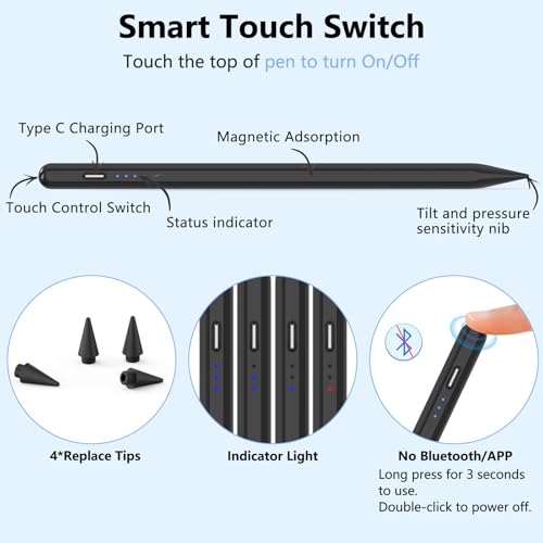 Image of COO Stylus Pen for iPad Pro Air Mini 2018-2025, Palm Rejection Fast Charge | Stylus Pen for iPad 10 /9 /8 /7 /6 Gen, iPad Pro 11 /12.9 inch, Air 7 /6 /5 /4 /3 Gen, Mini 6 /5 Gen, Black