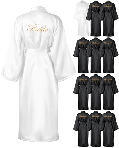 Xtinmee 12 Pcs Bride Bridesmaids Robe Long Satin Robe Full Length Sleepwear Dressing Gown for Wedding Party Bridal Shower(White Black)
