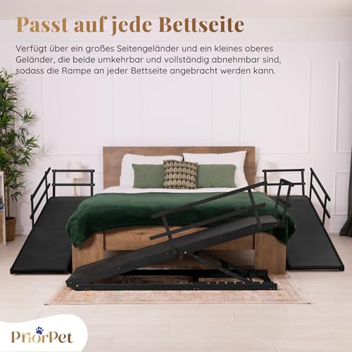 Hunderampe Bett mit Sicherheitsgeländer - Für Große Hunde bis zu 90 kg - Höhenverstellbare hundetreppe für Betten bis zu 94.5cm - Breite 49,5 cm - Klappbar - Anti-Rutsch-Griff - Birkenholz - Schwarz