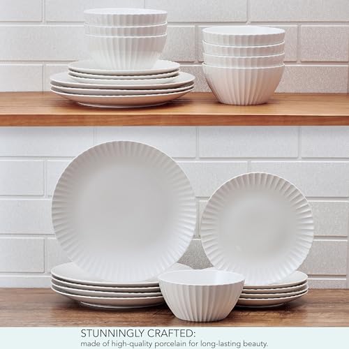 Image of Pfaltzgraff Fluted Grace 24 Piece Porcelain Plate and Bowl Dinnerware Set, Service for 8, Fluted Design, Durable for Everyday Use, White