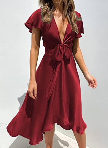 Image of miduo Womens Satin V Neck Ruffle Short Sleeve Tie Front High Waist Midi A-Line Maxi Dresses