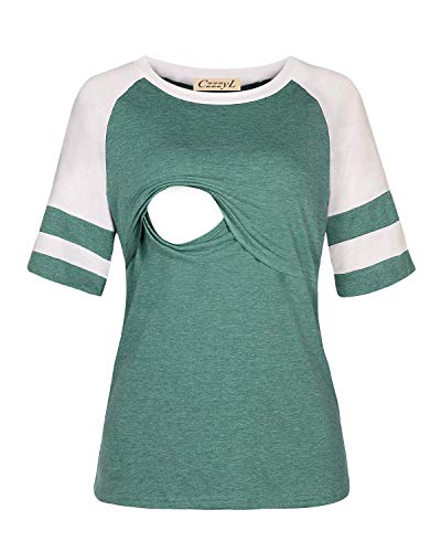 Czzzyl Nursing Tunic For Leggings, Womens Short Sleeve Maternity Breastfeeding Tops Cotton Color Block Breast Feeding Shirt Soft Cozy Pregnant Clothes(Green,Small) #TOP1