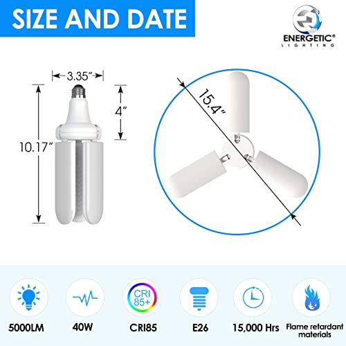 Energetic Led Deformable Garage Light, 5000Lm 40W 5000K Daylight Garage Ceiling Lights With 3 Adjustable Panels, E26 Base, For Warehouse, Shops, Basement, Ul Listed #TOP1