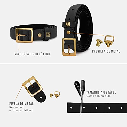 FARSIDE Cinto Feminino Preto Fino Com Fivela Quadrada Dourada e Tamanho Ajustavel (Preto, Fivela Dou