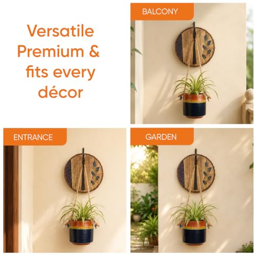 Image of AAKRITI ART CREATIONS Wall Hanging Planter with Hook | Blue & Brown Earthen Planter on Round Wooden, Modern Art, Matte Finish | Metal, Terracotta & Wood | Decorative Hanging Pot for Indoor & Outdoor