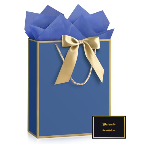 Image of JMANNI Gift Bag, 1PCS Bags with Ribbon and 1 Greeting Cards 2 Tissue Paper, Portable Paper Gift Bag with Handles, Present Bags for Birthday Wedding Party Graduation Mothers Day Fathers Day (Blue)