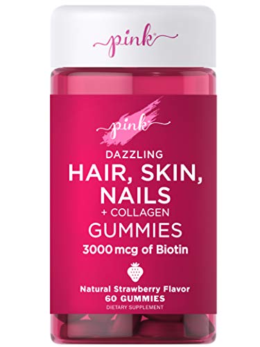Pink Hair Skin Nails Gummies | 60 Count | Plus Collagen | Non-GMO & Gluten Free Vitamins for Women | Strawberry Flavor