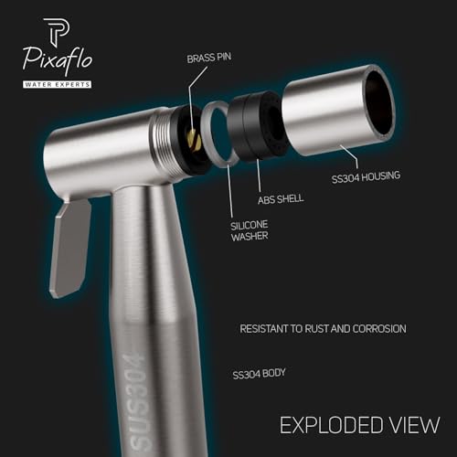 Image of Pixaflo Stainless Steel Health Faucet Set for Bathroom | Heavy Duty Jet Spray with 1.5 Meter Flexible Shower Hose & Wall Hook | Leak Resistant Toilet Spray Gun | Brushed Steel Finish