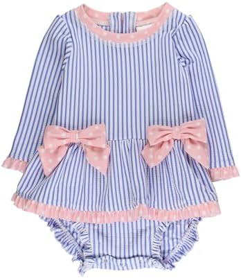 RuffleButts Baby Girls UPF50+ Seersucker Long Sleeve One Piece Bow Peplum Rash Guard Swimsuit - Periwinkle Blue Seersucker, 3-6m