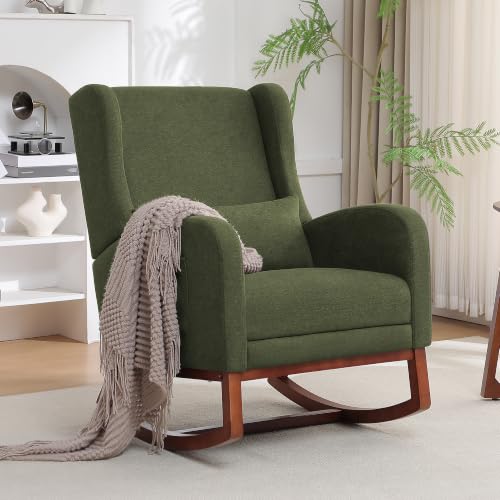 Image of HCHAIRH Rocking Chair Nursery, Nursery Rocking Chairs with Foot Rest, Comfy Glider Rocker Nursing Chair with Back Pillow for Nursing, Living Room, Bedroom, Dark Green