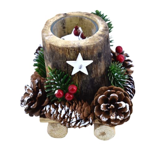 TIENDA EURASIA® Portavelas Decorativo Navidad - Portavelas Tronco con Muerdago - Decoracion Navidad - Decoracion Mesa - Adornos Navidad (52644 - Pequeño 14x14x13 cm)