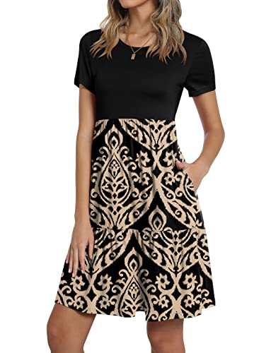 TAOHUADAO 2025 Summer Dresses for Women Short Sleeve Ruffle Casual Sundress with Pockets Medium, Black/Fl Khaki