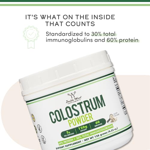Double Wood Supplements Bovine Colostrum Powder for Women and Men, for Gut Health, Skin & Hair, Immune Support (120 Grams, 60 Day Supply - Standardized to 30% Total Immunoglobulins and 60% Protein)