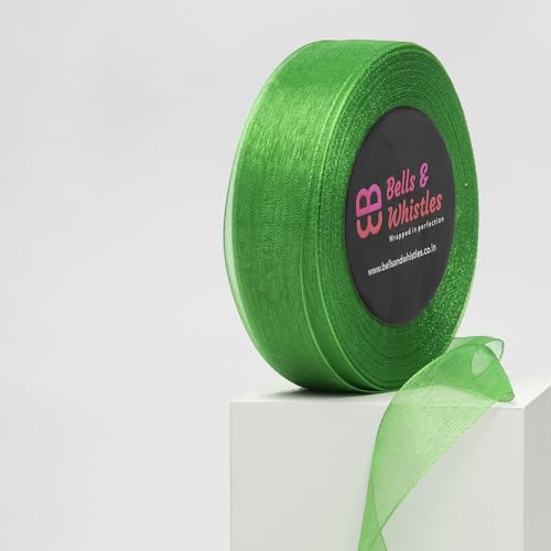 Image of Bells&Whistles Sheer Organza Ribbon | Pack of 2 | Length: 50 Yards Width: 1 inch | Christmas, Festive Decoration. (Kelly Green)