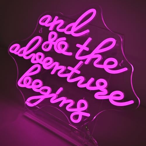 Image of Pink Neon Sign Dimmable Wanderlust LED Wall Light for Campervan Decor | 16.5*12.5IN,And So the Adventure Begins,Five level brightness adjustment,USB powered,For Bar,Pub,Club,Bedroom,Party,Weedding