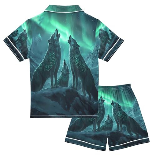ALAZA Wolf Animal Night Green Satin Pajamas Set Short Sleeve Button Down Sleepwear Summer Pjs 2 Piece2