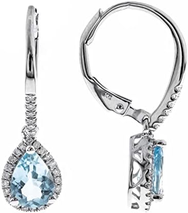 Gin & Grace 14K White Gold Lever Back dangle Genuine Aquamarine Earrings with Diamonds for women | Ethically, authentically & organically sourced (Pear-cut) shaped Aquamarine hand-crafted jewelry for her