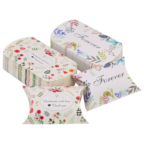 NAHUAA 50 Piezas Caja de Almohada Kraft Caja de Regalo de Papel Kraft, con Patrón de Flores-Hoja Verde, Cajitas Regalo Pequeñas para Cumpleaños-Comunion-Boda-Fiesta, 9x6.5 cm (A)