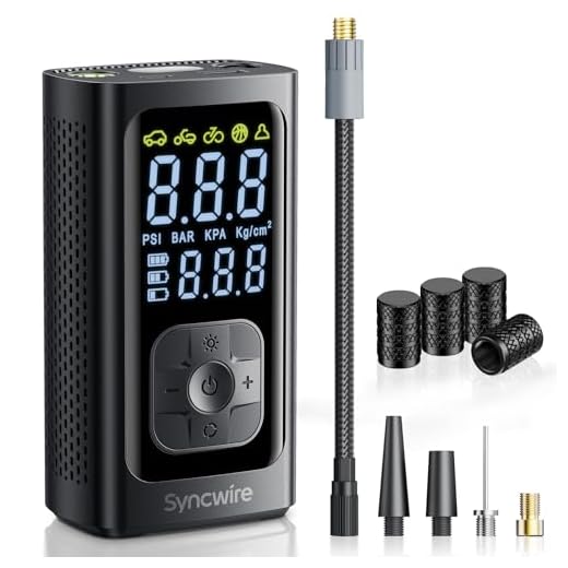 Syncwire Tire Inflator Portable Air Compressor - 150PSI 2X Faster Inflation Smart Air Pump for Car Tires [Extra-large LCD] with Digital Pressure Gauge, Auto Shut-off for Car, Motorcycle, Bike & Balls