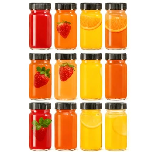 12 Pack 2 oz Glass Shot Mini Bottles with Black Lids - Reusable Leakage-Proof Small Clear Jar for Ginger Wellness Shot Juice Sample Whiskey Essentials - Wide Mouth Containers Dishwasher Safe