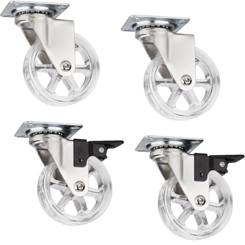 SOTECH Lot de 4 roulettes décoratives pour meubles RAPID Roulettes Ø 75 mm transparentes (2 x avec frein + 2 sans frein), capacité de charge 35 Kg, hauteur 97 mm