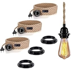 Lamparas Colgantes Con Interruptor Lámpara colgante con interruptor, 3 unidades, lino vintage, lámpara colgante de cuerda con 4,5 metros de cuerda de cáñamo trenzada, E27, portalámparas, cocina, 2 hilos, 0,75 mm², para bar, base,