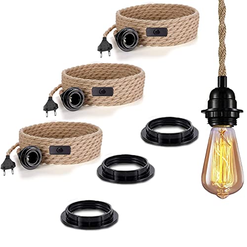 Pendelleuchte mit Schalter, 3 Pack Leinen Vintage Hängelampe Seil mit 4.5 Meter gedrehten Hanfseil E27 Lampenfassung Plug, Küche,2 adrig, 0,75mm², für Bar, Fundament, Lager, Bauernhof (ohne Birne) Cover