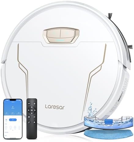Laresar Robot Vacuum Cleaner with Mop, 4000Pa Robotic Vacuum with Auto Carpet Boost, Ultra Thin Robot Hoover for Pet Hair, Smart App Control, Work with Alexa(Evol 3s), White