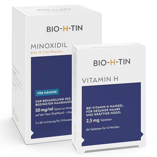 Minoxidil BIO-H-TIN 50 mg/ml Spray, Lösung zum Auftragen auf die Kopfhaut 3x 60 ml + BIO-H-TIN Vitamin H 2,5 mg 84 Tabletten für 12 Wochen