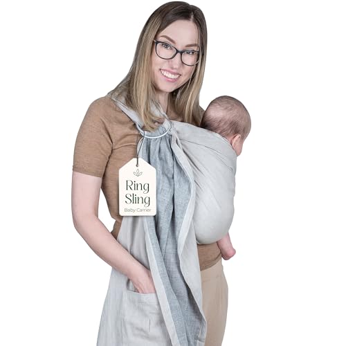 Image of Ring Sling Baby Carrier - USA Lab Tested, 100% Natural Cotton Muslin, Breathable & Ergonomic Ring Sling Beige Grey