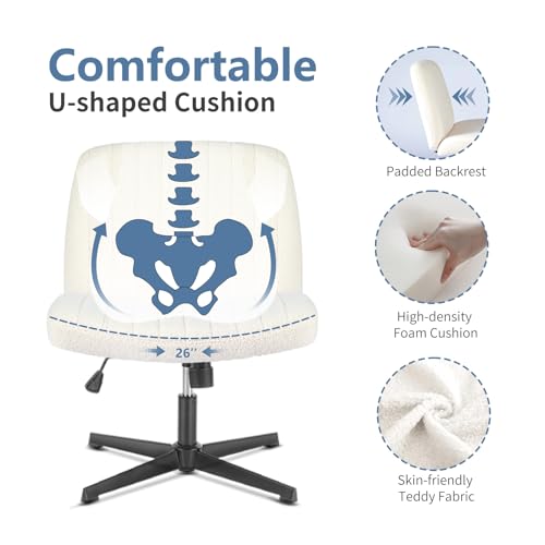 Image of DUMOS Criss Cross Chair No Wheels, Cross Legged Office Desk Armless Vanity Chair Wide Seat, Height Adjustable Swivel Task Computer Chairs for Home Bedroom, Beige Teddy