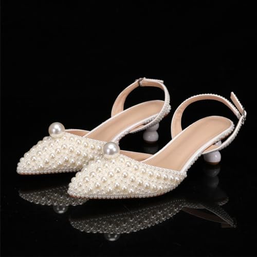 Goolita Full Pearl Kitten Heels for Women, Pointed Closed Toe Slingback Pumps Buckle Strap Rhinestone Bridal Shoes for Wedding3