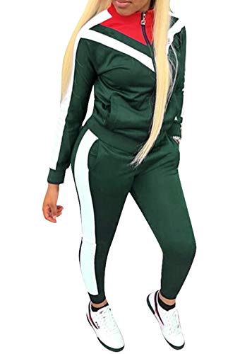 Womens Color Block Tracksuit 2 Piece Outfits, Casual Long Sleeve Full Zip Jacket and Pants Sport Set Sweatsuits (Green, XXL)
