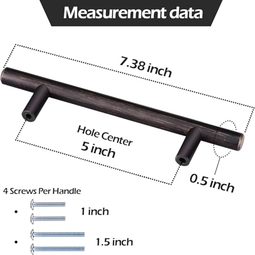 30 Pack Bronze Solid Cabinet Handles Drawer Pulls, 7.38-inch/187mm Length (5-inch Hole Center) Door Handle (1/2-inch Diameter) Kitchen Stainless Steel Cabinet Hardware Handle, Oil-Rubbed Bronze by BRONZEHOMM - Image 3