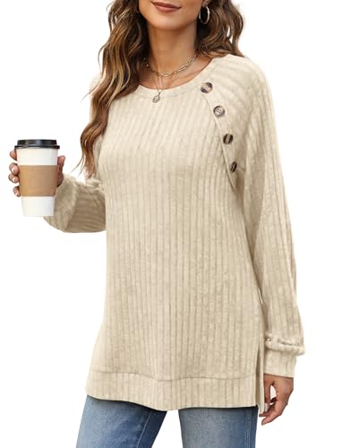Image of Bofell Long Sleeve Shirts for Women Lightweight Button Decor Tunic Tops Side Split
