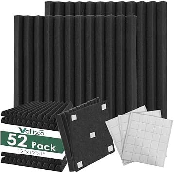 VallisCo 52 Pack Acoustic Foam Panels 1"x12"x12" - Self Adhesive Soundproof Panels for Walls, Home Office Studio, High-Density Noise Reducing Acoustic Panels, Easy Install Sound Absorbing Foam