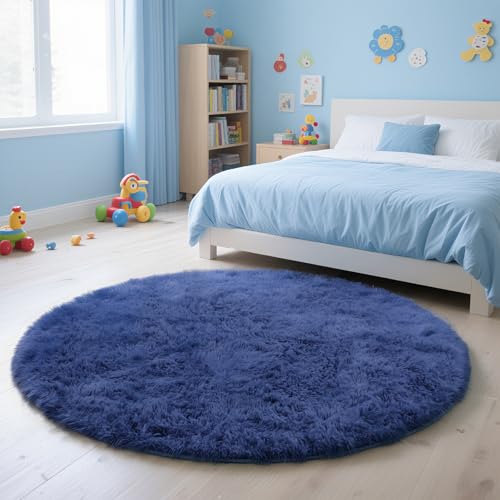 Blue Fluffy Round Area Rugs for Bedroom,4'X4'Shag Circle Area Rugs for Living Room,Non Slip Fuzzy Plush Rug for Kids Room Boys Girls Room and Dorm Home Decor Rug