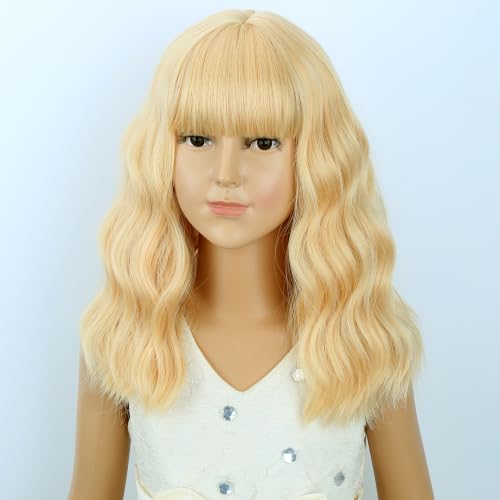 Image of Kids Light Blonde Wig Girls Short Blonde Wavy Curly Wigs Child Wig with Air Bangs Synthetic Cosplay Hair Wigs