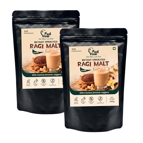 Image of GudVow Instant Sprouted Ragi Malt | Nutritious & Delicious Instant Drink Mix | Natural, No Preservatives | High Calcium & Iron | Ready in 2 Minutes, No Added Sugar | Healthy Millet Drink | 900 g (450 g x 2 Packs)