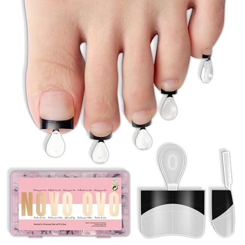 NOVO OVO Half Cover Toe Nail Tips Pre-Designed Black French Tip - 240Pcs Soft Gel False Toenails for Acrylic Pedicure Extension Square Shape with Auxiliary Line Guide (15 Sizes Wide Fit)