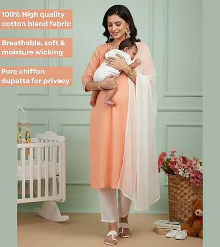 Image of DUMMY SHAPE Pregnancy Dresses for Women Cotton | Floral Maternity Kurta Pant Dupatta Set with Dual Nursing Zippers | Pre & Post Partum | Feeding Kurtis | Baby Shower | Gifts for Pregnant Woman