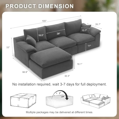 Image of Cloud Sectional Couch, Boneless Couches for Living Room, Gray