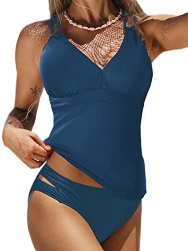 BIKINX Tankini mit V-Ausschnitt, für Damen, Criss Cross Back, zweiteilig, Bademode in Übergröße, Bauchkontrolle - Blau - Medium (38-40) Cover