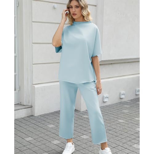 Image of SeeLuNa Women's Two Piece Outfits 3 /4 Batwing Sleeve Capelet Crew Neck Pullover Top Wide Leg Pants Lounge Set