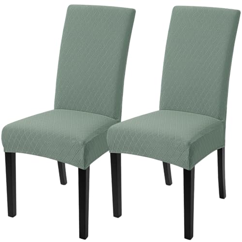Image of SearchI Dining Room Chair Covers Set of 2, Stretch Jacquard Parsons Chair Slipcovers Removable Washable Kitchen Chair Protector Cover for Dining Room, Hotel, Ceremony (Sage Green Rhombus)
